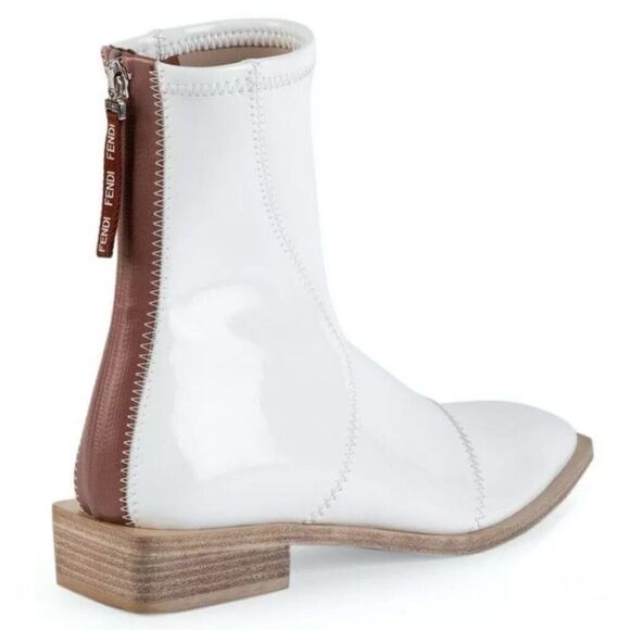 New Fendi FFrame White Patent Neoprene Stretch Logo Ankle Chelsea Boot 38/ US 8 - Picture 5 of 12